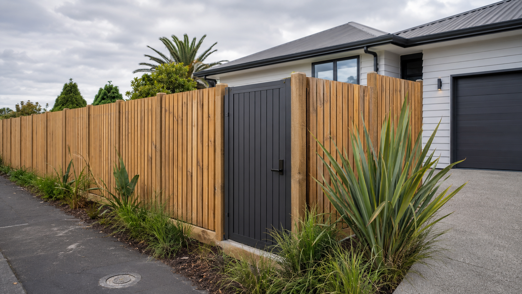 Timber paling fence installed around a New Zealand residential section with a dark pedestrian gate
