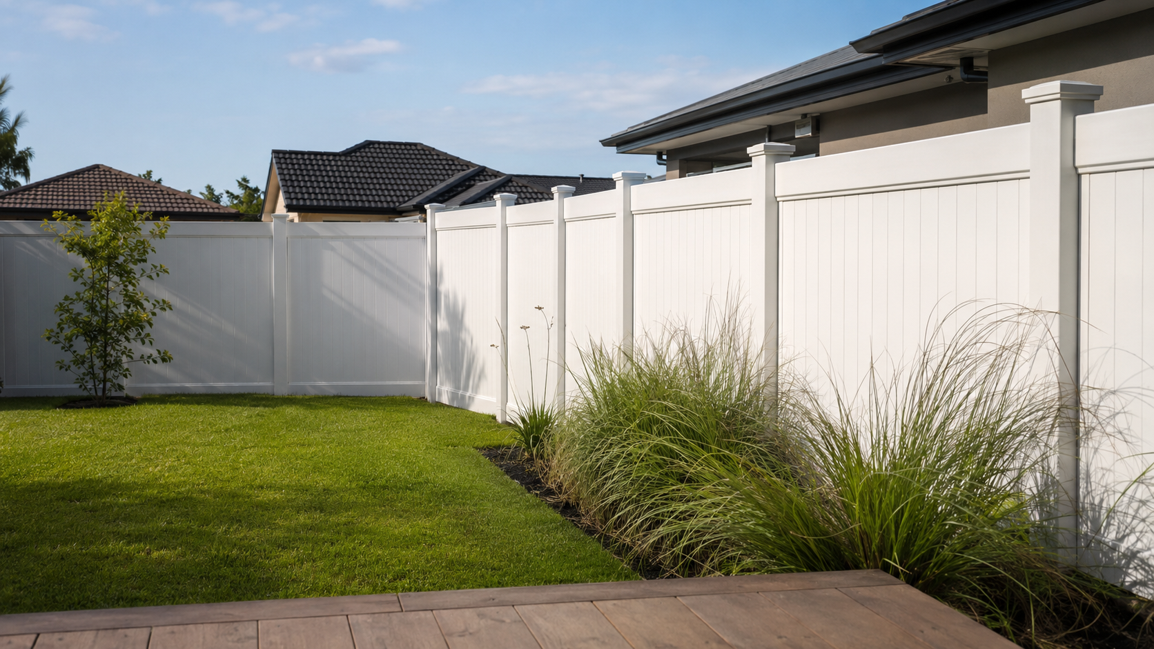 PVC vinyl fence panel installed around a residential pool and garden area in New Zealand