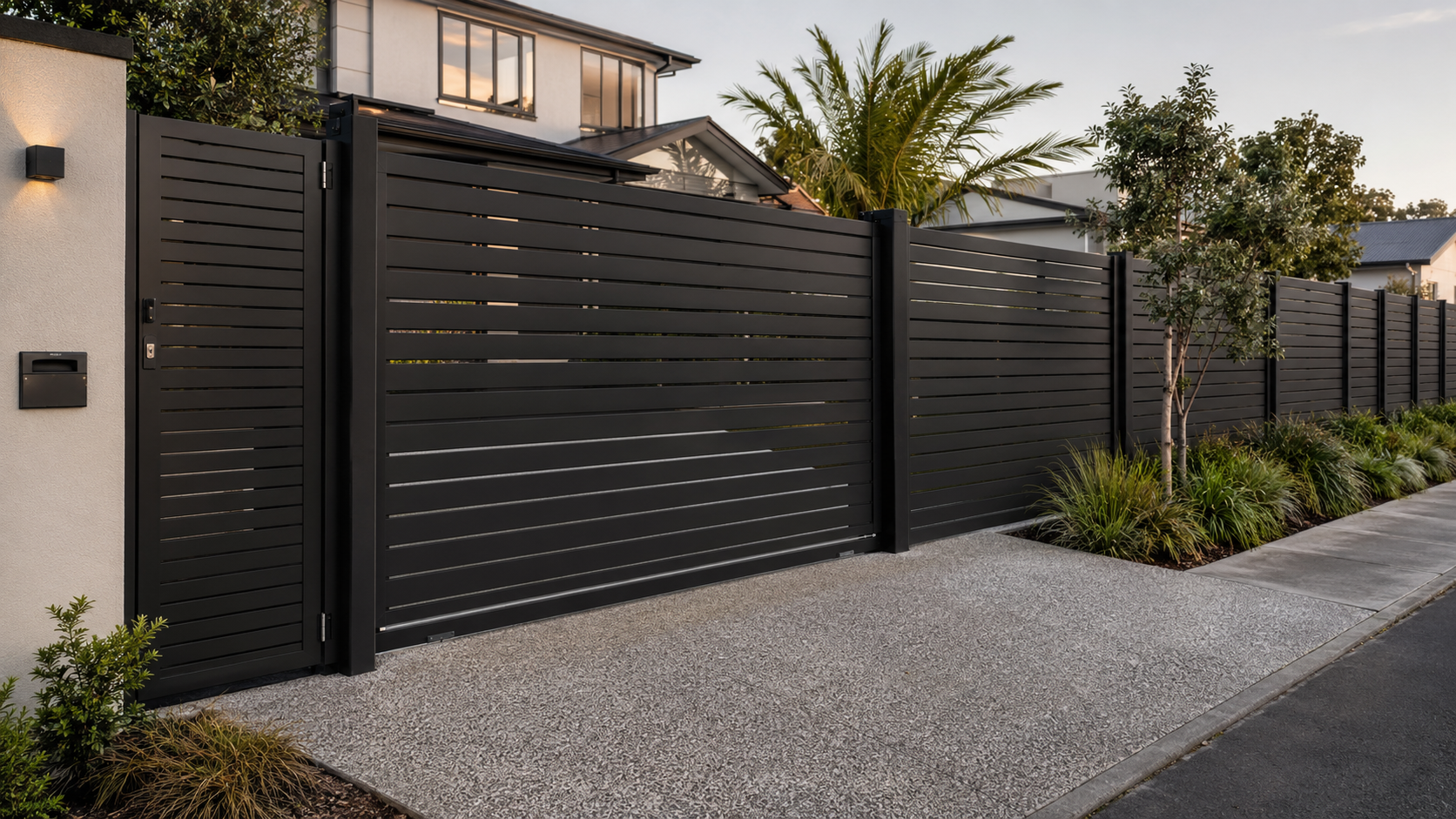 Aluminium slat fence panel used as a modern privacy screen with matching driveway gate