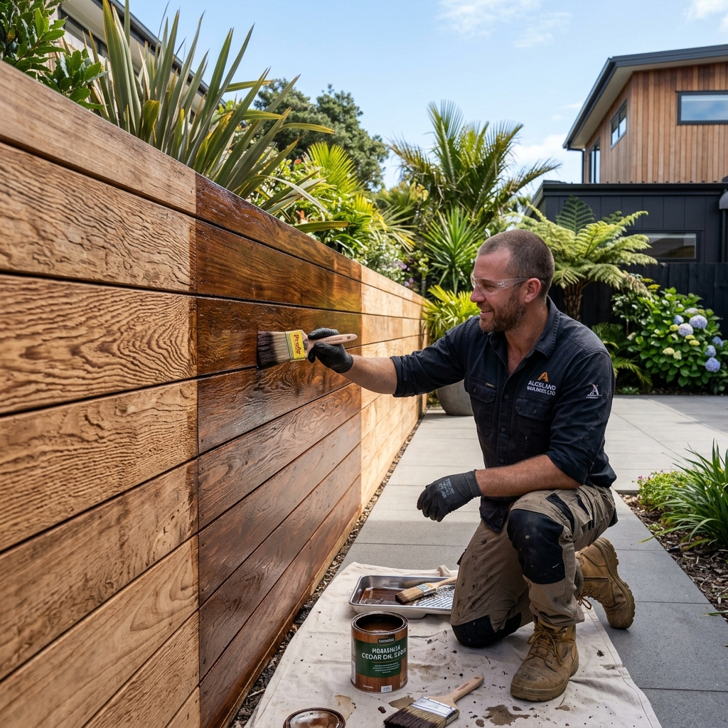 Applying oil-based stain to an Auckland fence