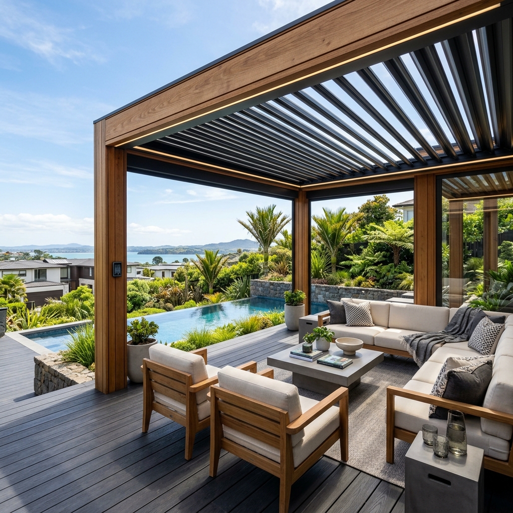 Modern automated louvered pergola in Auckland