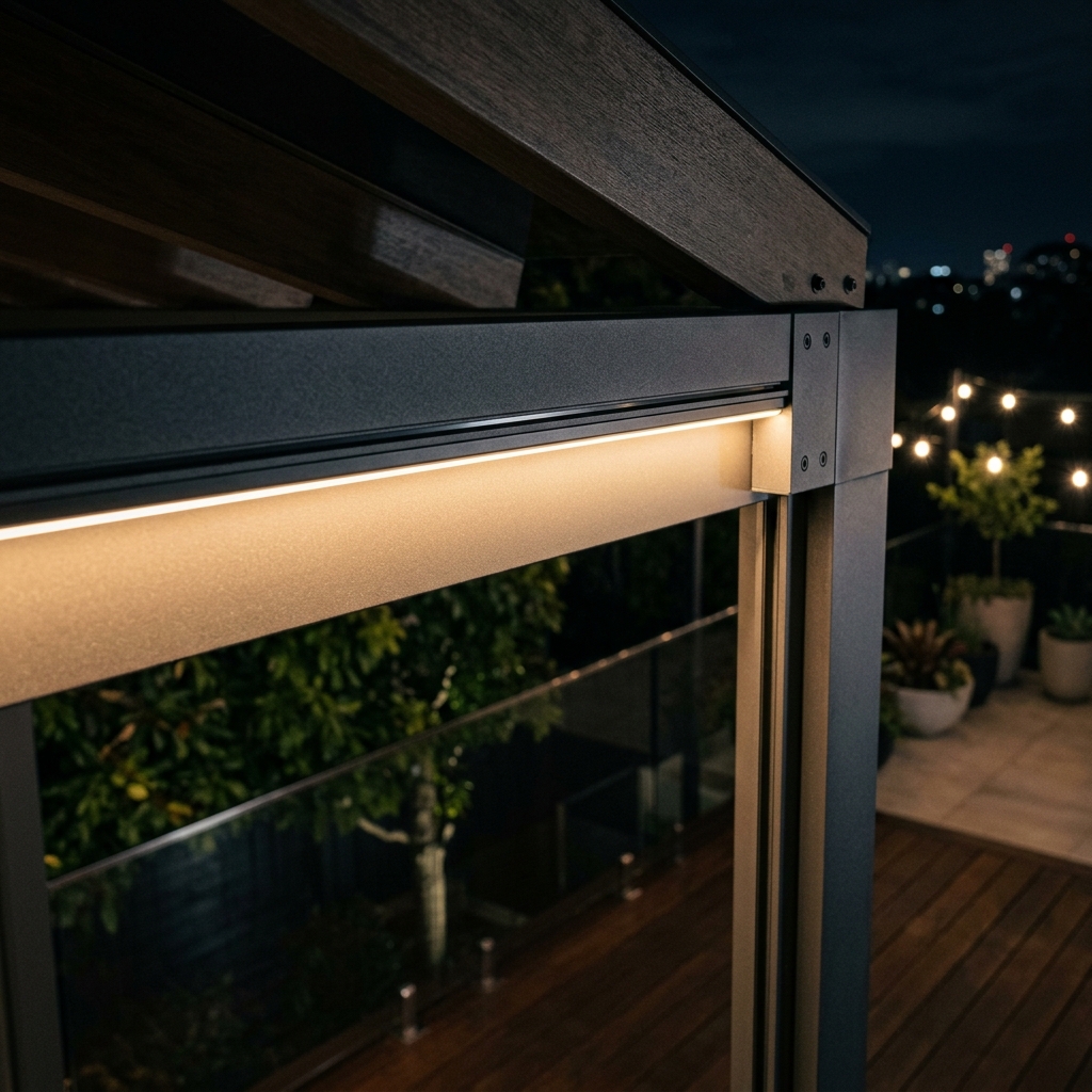 Integrated LED pergola lighting at night