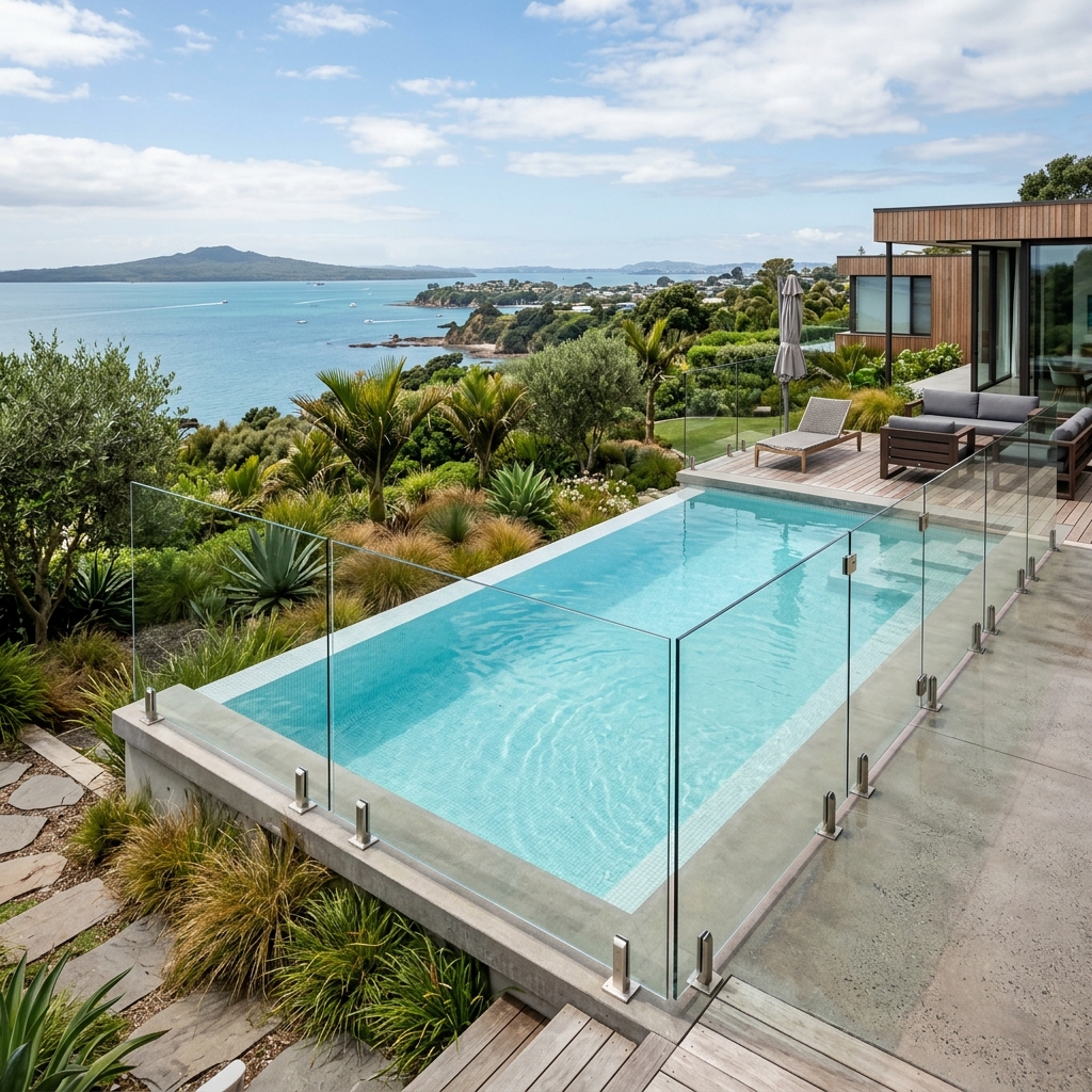 Luxury glass pool fencing with ocean view