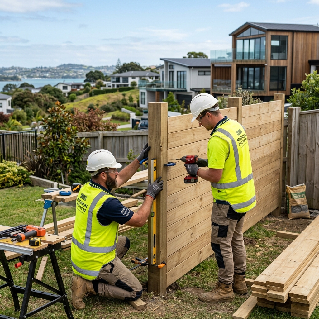 Professional fence builders at work in Auckland
