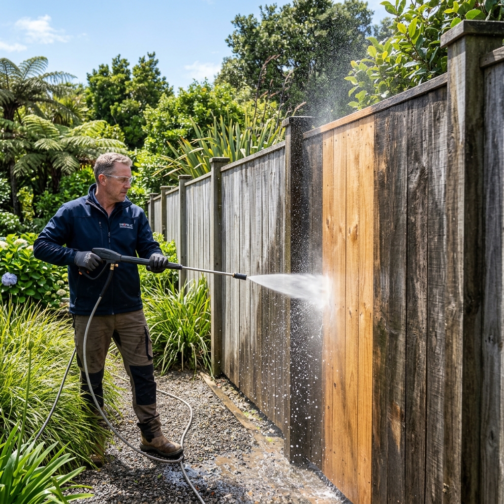 Pressure washing a timber fence in Auckland